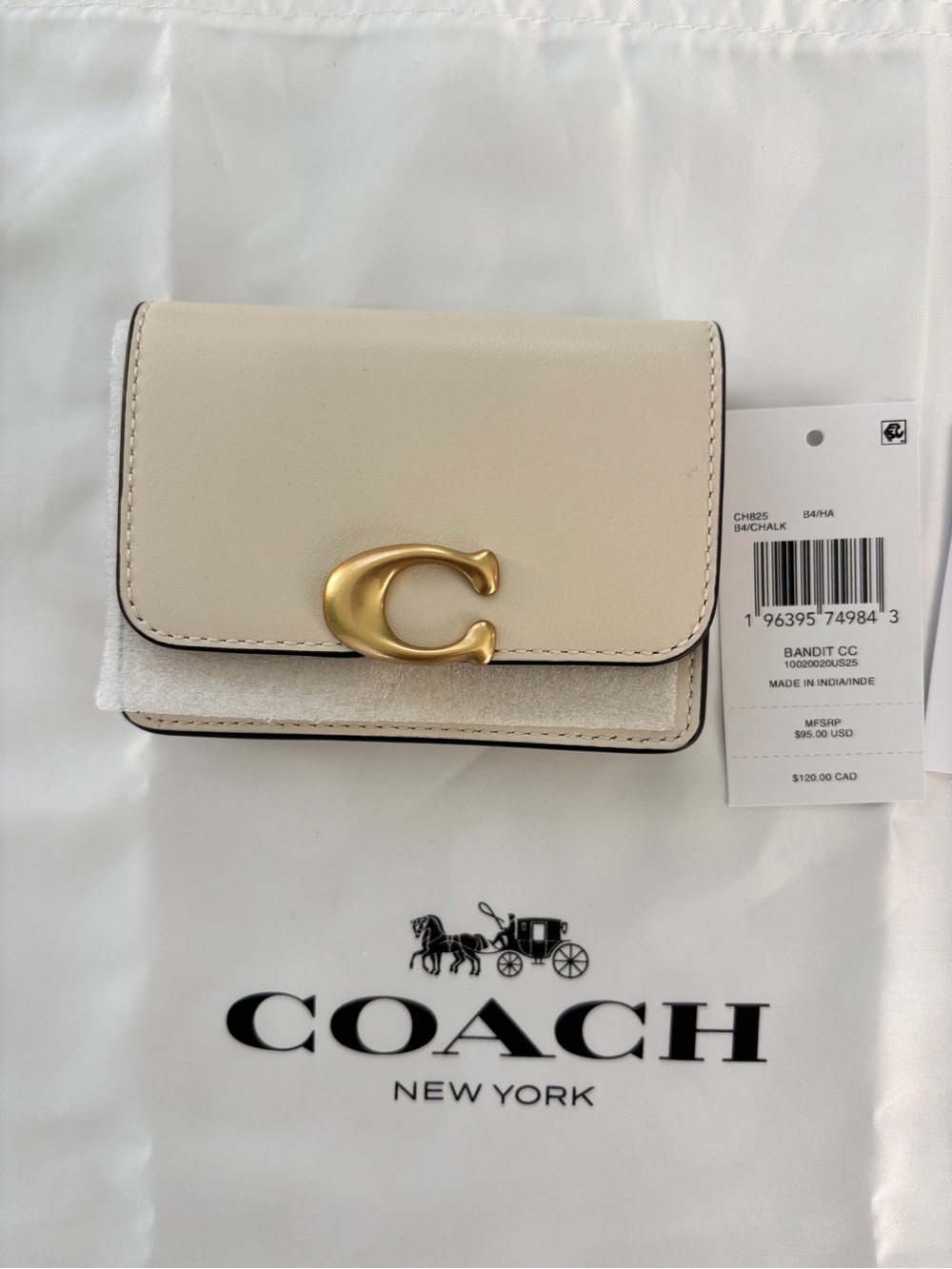 Coach Chalk Leather Card Case Wallet with Gold 'C' Accent